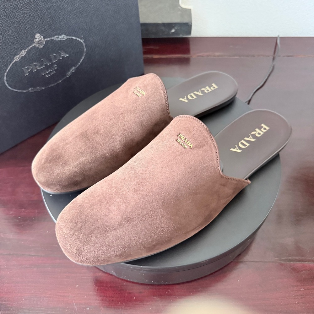 Prada 2S2986 Brown Suede Mules Gold Logo Slip On Loafers Mens Shoes 9.5 - Picture 5 of 11
